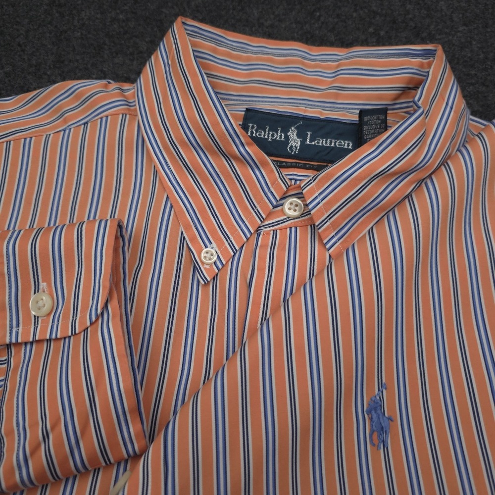 Ralph Lauren Mens Large Orange Blue Striped Classic Fit Buttton Down Shirt
